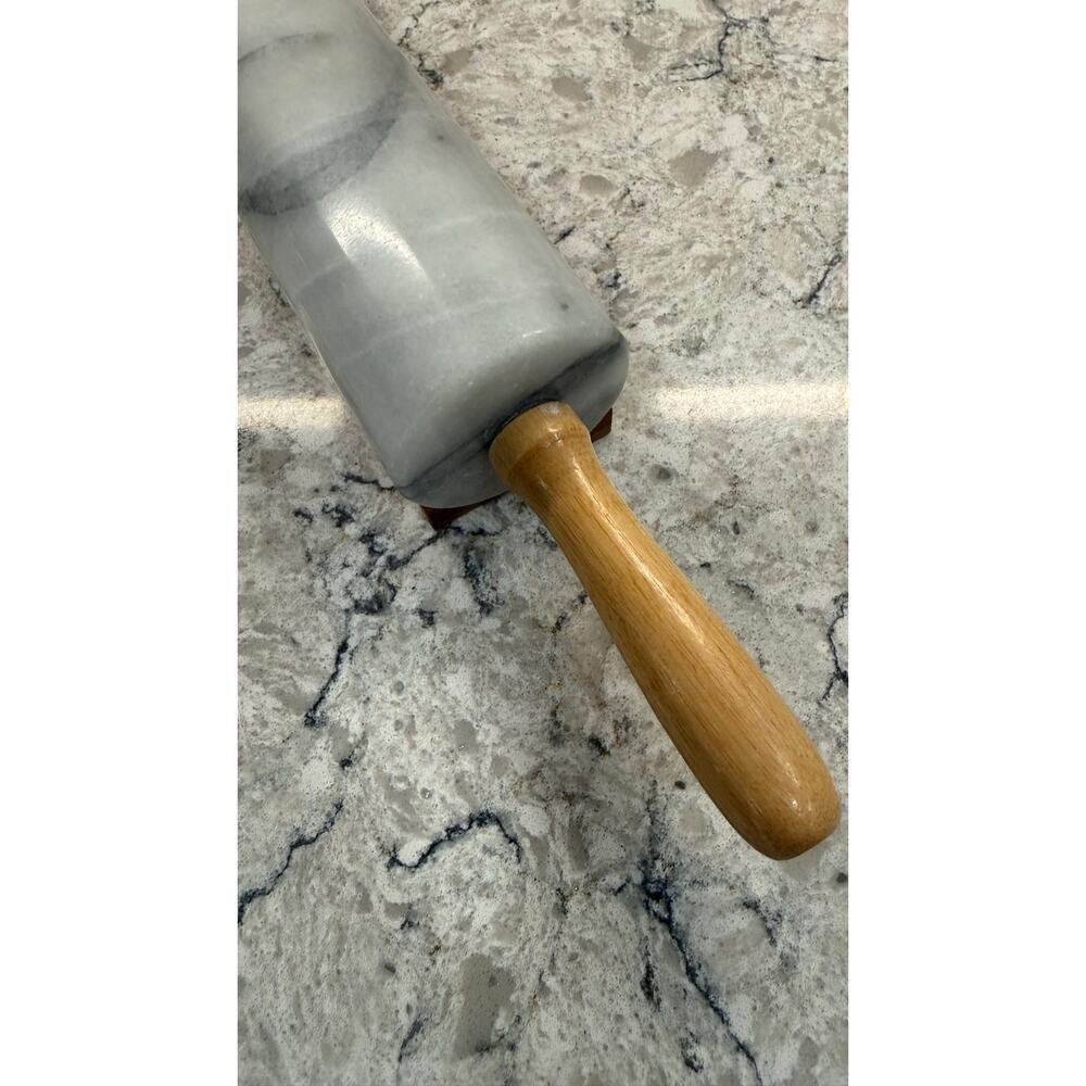 Polished White Marble Rolling Pin featuring Wooden Handles & Stand - Picture 4 of 7